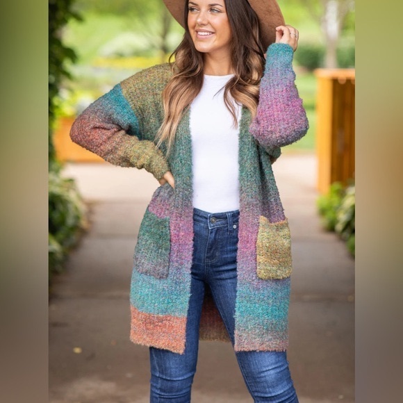 Multicolor Ombre Textured Marled Knit Cardigan with Pockets - Picture 6 of 16